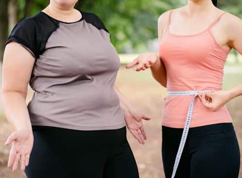 Two women measuring their waist after weight loss exercise