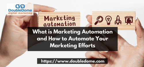 two hands holding small wooden board with marketing automation word and few icons as representation for what is marketing automation topic